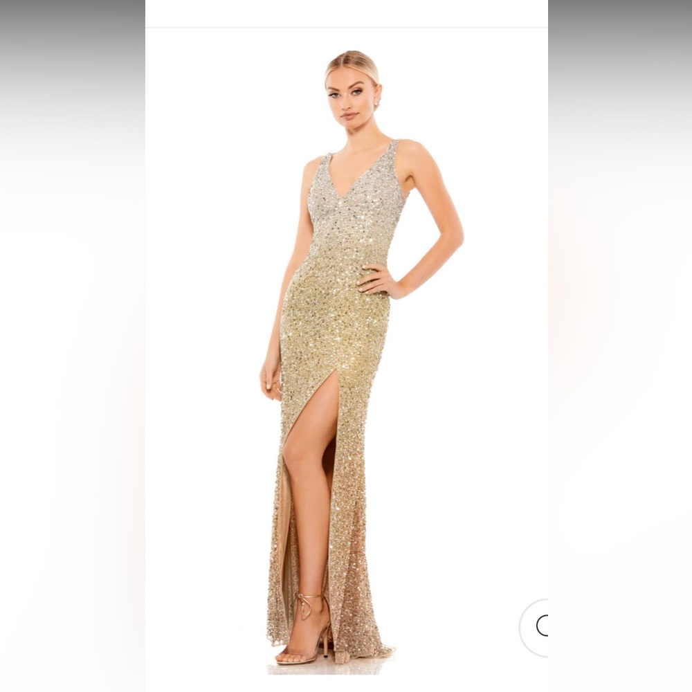 MAC DUGGAL 1068 OMBRE SEQUIN HIGH SLIT SHIMMERING GOLD GOWN sz 6